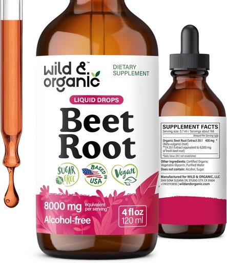 [BRSRAGQEBAORQCDX] Wild & Organic Beet Root Extract Drops - 8000 mg Fresh Beetroot Extract Ekvivalent - Extract 20: 1 - Liquid Red Beets doplňky - 400 mg na Serving - Vegan, Alkohol & Sugar- Free - 4 fl oz