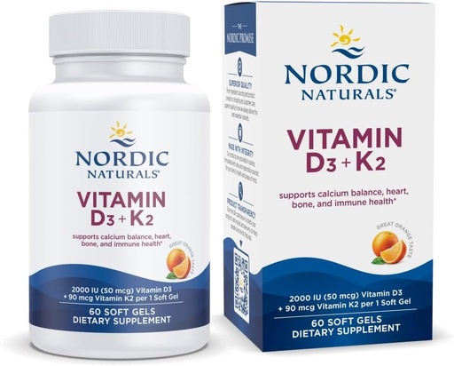 [BRSROCQ2OZ7GEETB] Nordic Naturals D3 + K2, Orange Taste - 60 Soft Gels - Synergistic Support for Bones, Immune Function & Calcium Balance - Non-GMO - 60 Servings