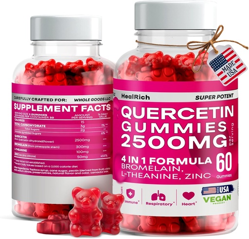 [BRSRAADQC4PREAD5] Quercetin Gummys - 2500MG 配有 Bromelain, L-Theanine & Zinc Vegan 儿童与成年人的免疫支持补充 - 过敏救济和肺部健康