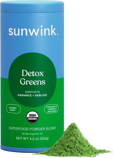 [BRSRMYIOBEJRMD3H] Sunwink Detox Powdered Greens - Organic Greens SuperFood Powder for Debloat - Super Greens Powder w/Celery, Dandelion, Spirulina - Daily Greens Powder for Gentle Detox - 4.2 oz (20 Servings)