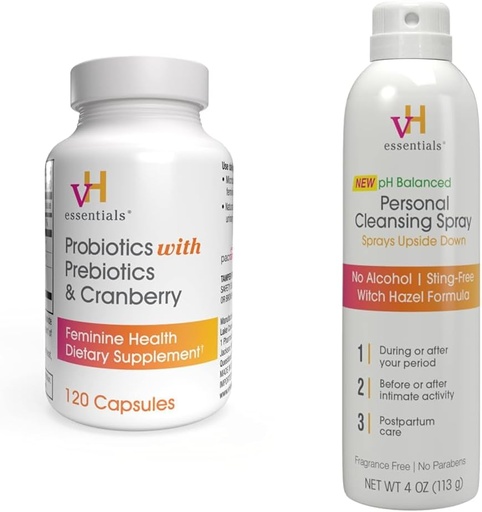 [BRSRAYY3OAPWY23K] vH essentials Probiotics with Prebiotics and Cranberry Feminine Health Supplement - 120 Capsules and Personal Cleansing Spray Bundle