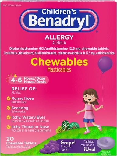 [BRSWKGQAOQPQYGAV] Benadryl Children 's Allergy Medicine Chewables with Diphenhydramine HCI, Chewable Kids' Antihistamine Tablet untuk Relief of Allergy Sympitics Like Sneezing & Itchy Eyes, Grape Flavor, 20 ct