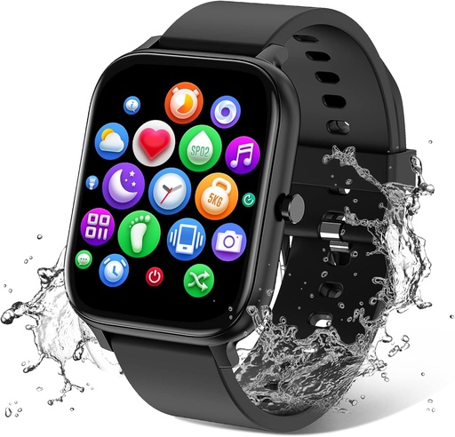 [BRSW2BQ3OEDRUE36] Smart Watch for Men Women Compatible with iPhone Samsung Android Phone 1.83 inch Full Touch Screen IP68 Waterproof Bluetooh Fitness Tracker Heart Rate/Sleep Monitor, Black