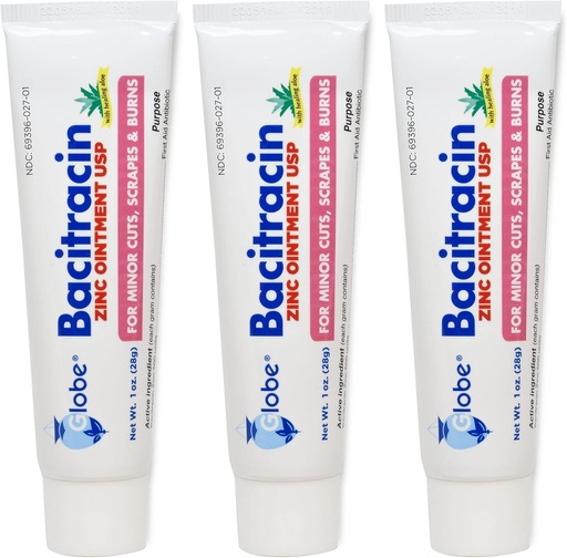[BRSW2ADROUCRU335] Globe (3 Pack) Bacitracin Zinc Ointment + Aloe 1oz - Maximum Strength Antibiotic for Wound Healing - Topical Medicated Solution for Cuts, Burns, Scrapes - Skin Infection & First Aid Essentials