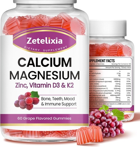 [BRSROBQEBYORODLJ] Calcium Gummies, Calcium Magnesium Zinc D3 & K2, Calcium Magnesium Supplement B0nes Muscles, Grape Flavor - 120 Count
