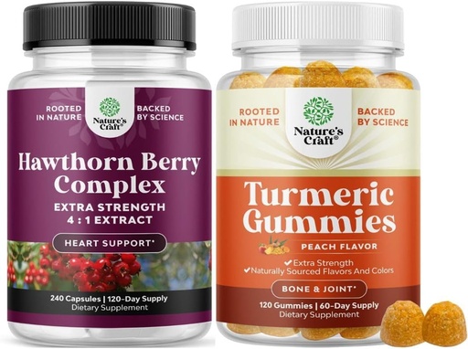 [BRSRAZYQCV7AICDL] Bundle de extra puterea Capsulele Hawthorn Berry - Extras Digestion and Heart Health Supplement and Turmeric Gummies for Adulți Aroma piersicii - Extra Putere Suport comun Gummies