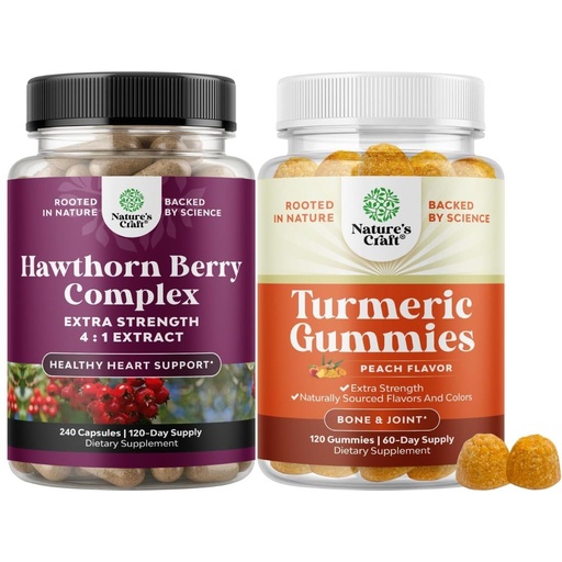 [BRSRAZYQCV7AICDL] Bundle of High Strength Hawthorn Berry Capsules with Leaf & Flower Extract 4:1 for Healthy Heart & Digestion and Turmeric Gummies Peach Flavor with Turmeric Curcumin Black Pepper Extract Ginger