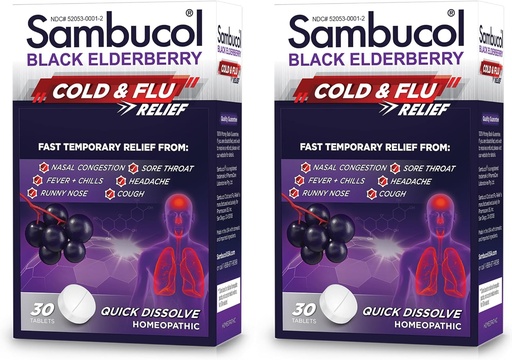 [BRSWIYAFBZ6BWA3K] Sambucol Cold and Flu Relief Tablets - Homeopathic Cold Medicine, Nasal & Sinus Congestion Relief, Use for Runny Nose, Coughing, Cold Remedy for Adults - Black Elderberry, 30 Count, 2-Pack