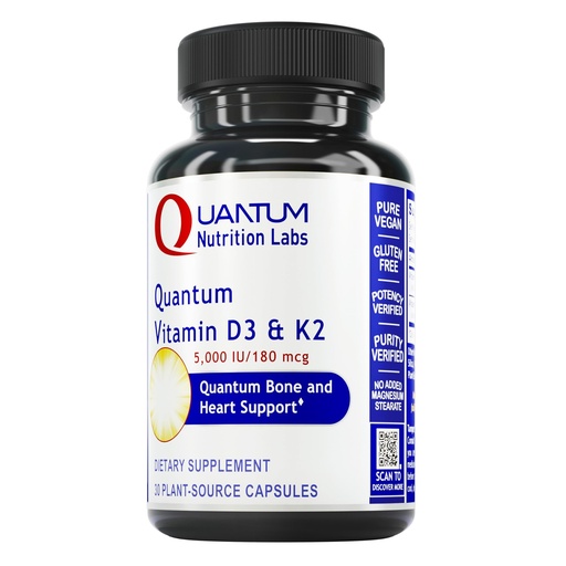 [BRSWGHQLPMJQGALK] Quantum Nutrition Labs Vitamin D3 and K2 Supplement - Bone & Heart Health Support for Women & Men, 5000 IU, Vegan Vitamins, Allows Calcium Absorption, Gluten-Free - 30 Plant Based Capsules