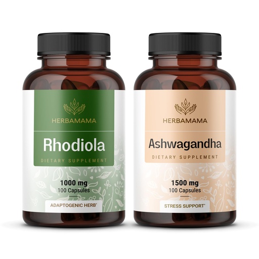 [BRSRAGIZO4IQ2HIV] HERBAMAMA Rhodiola Rosea and Ashwagandha Kit - Bundle of 1000 mg Rhodiola Rosea Capsules &1500 mg Ashwagandha Root Capsules - Vegan, Non-GMO, Gelatin-Free - 2 Pack