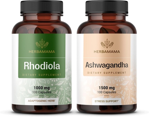[BRSRAGIZO4IQ2HIV] HERBAMAMA Rhodiola Rosea och Ashwagandha Kit - Bundle på 1000 mg Rhodiola Rosea Capsules &1500 mg Ashwagandha Root Capsules - Vegan, Non-GMO, Gelatin-Free - 2 Pack