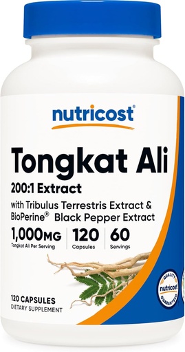 [BRSROYL7OIIQMH3G] Nutricost Tongkat Ali 1000mg 120 Kapsule - s Tribulus Terrestris a BioPerine, Vegetariánske Caps, Non-GMO, Gluten Free, Potent Extract
