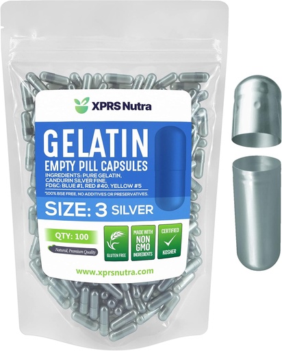 [BRSW2ZYDCIDWC3TX] XPRS Nutra Size 3 Empty Capsules - 100 Count Empty Gelatin Capsules - Pills DIY Capsule Filling - Pure Bovine Pill Gel Caps for Do-It-Yourself Supplements (Silver)
