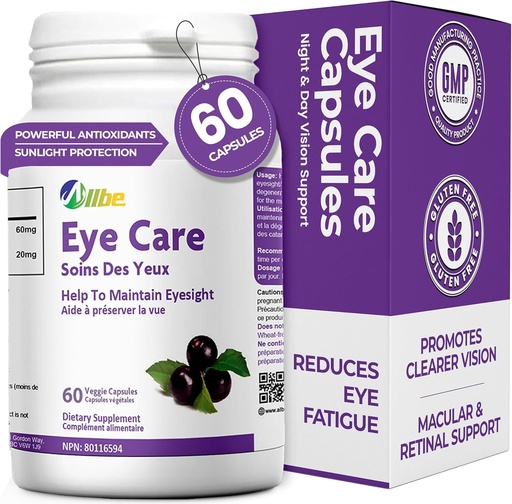 [BRSRM2YFAQMWC3LD] Eye Care Capsules, Pack of 60 Lutein 20mg and Maqui Berry 60mg Servings, Eye Health Supplements for Adults
