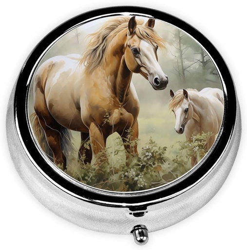 [BRSRAAY5CUCAAETO] Pill Case with Mirror Retro 3 Compartment Pill Box Animals Embroidery Paintings Horses Small Pill Organizer for Purse or Pocket Decorative Metal Medicine Vitamin Organizer Unique Gifts