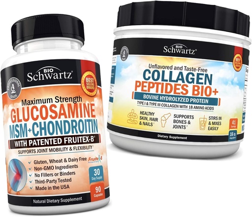 [BRSWYZIHAEFRSH3J] BioSchwartz Glucosamine Chondroitin MSM + Colagen Peptides Powder - Hueso sano &amp; Soporte Conjunto - Promueve flexibilidad y soportes Cartilage