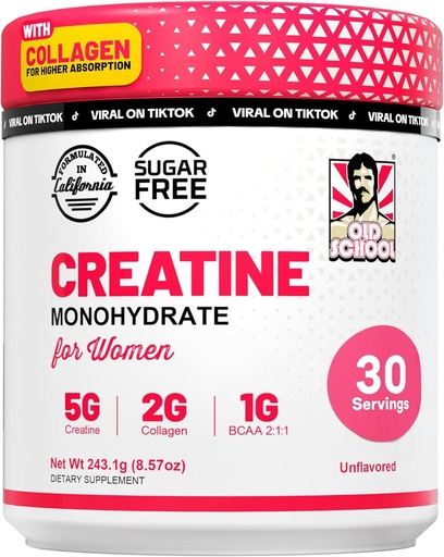 [BRSROAAFPJYB63LL] Old School Labs Creatine for Women – Post-Workout Supplement with 5000mg Creatine Monohydrate Powder, 2000mg Collagen & BCAA 2:1:1 for Strength Support & Recovery – Unflavored - 8.57 Ounce (Pack of 1)