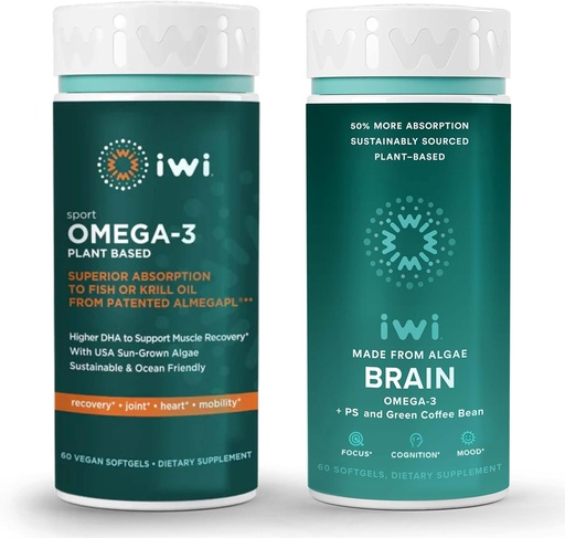 [BRSRAYLRAV5QA23K] iwi Omega-3 Sport & Brain Omega-3 Bundle, 30 Servings, Vegan Plant-Based Algae Omega 3 with EPA + DHA, Krill & Fish Oil Alternative, No Fishy Aftertaste