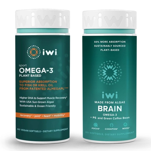[BRSRAYLRAV5QA23K] iwi Omega-3 Sport & Brain Omega-3 Bundle, 30 Servings, Vegan Plant-Based Algae Omega 3 with EPA + DHA, Krill & Fish Oil Alternative, No Fishy Aftertaste