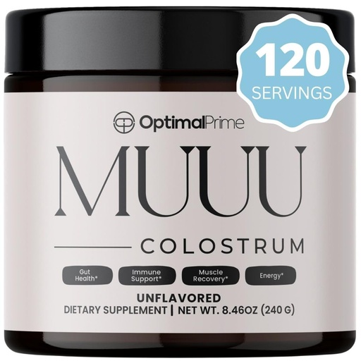 [BRSRAZD6OAIAM33U] Optimal Prime - MUUU Bovine Colostrum Supplement and Superfood Powder for Gut Health, Bloating, Immune Support, Hair, Skin, and Nails Unflavored, 120 Servings