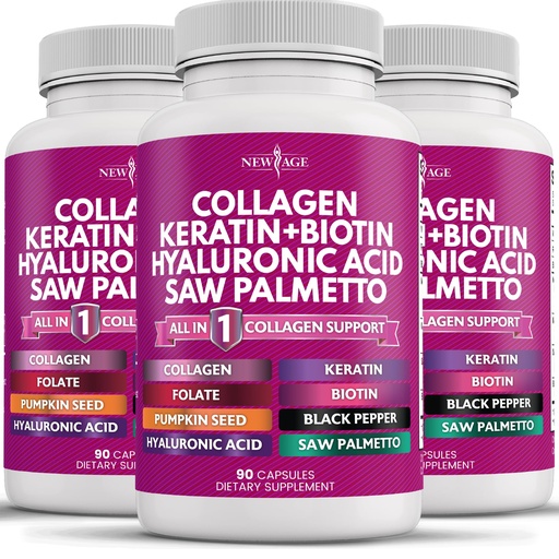 [BRSROBA3OJ7B4HY2] NEW AGE Collagen Pills Biotin Keratin Saw Palmetto Hyaluronic Acid- Vitamin E Folic Acid Pumpkin Seed MSM- 270 Count