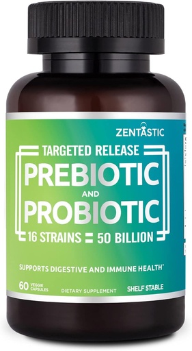 [BRSWGAYZCANQAFL5] Zentastic Probiotics &amp; Prebiotics Supplement - 50 Billion CFU - for Men &amp; Women’s Immune &amp; Digestive Health - 16 Strains - Shelf Stable - 60 Delayed Release Veggie Capsules