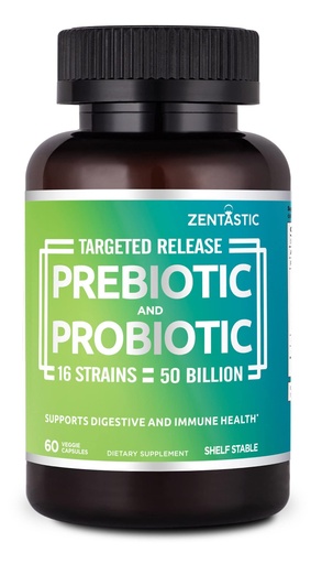 [BRSWGAYZCANQAFL5] Zentastic Probiotics & Prebiotics Supplement - 50 Billion CFU - for Men & Women’s Immune & Digestive Health - 16 Strains - Shelf Stable - 60 Delayed Release Veggie Capsules