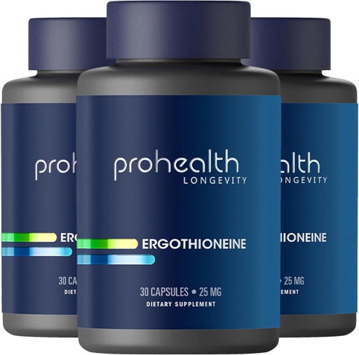 [BRSRAAAYC4BA43QY] ProHealth Ergothioneine 5X Styrka. 25mg Klinisk Forskning Dos. Natural Amino Acid Mushroom Supplement för förbättrad kognition, hjärthälsa. Longevity Vitamin. 25 mg/Serving, 30 Servings (3 Pack)