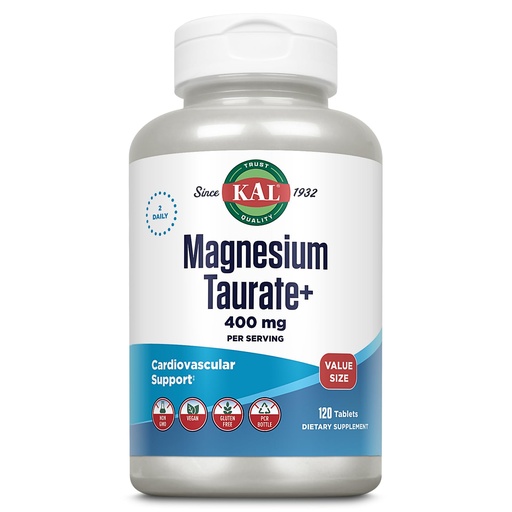 [BRSWYELRCQHBUDLZ] KAL Magnesium Taurate 400mg Plus Vitamin B6, Chelated Magnesium Supplement, High Absorption Magnesium Complex, Muscle and Heart Health Support, Vegan, Gluten Free, 60-Day Guarantee, 60 Serv, 120 Tabs