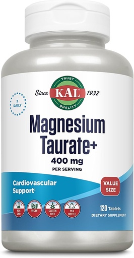 [BRSWYELRCQHBUDLZ] KAL Magnesium Taurate 400mg Plus Vitamin B6, Chelated Magnesium Supplement, High Absorption Magnesium Complex, Muscle and Heart Health Support, Vegan, Gluten Free, 60-Day Guarantee, 60 Serv, 120 Tabs