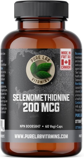 [BRSWYZQ2B4DRY2T2] Selenium 200mcg Supplement - Selenomethionine - 60 v-caps by Pure Lab Vitamins - Gluten Free Made in Canada.