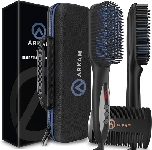 [BRSWGA34ABYGE3IY] Arkam Beard Straightener for Men -Premium Heated Beard Brush Kit w/Anti-Scald Feature, Dual Action Hair Comb and Hard Shell Travel Case for Medium to Long Beards - Costume and Grooming Gifts for Men