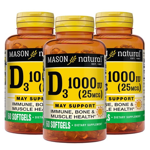 [BRSWIYA7CMGGGC3I] MASON NATURAL Vitamin D3 1000 IU (25 mcg) from Fish Liver Oil to Support Normal Bone & Muscle Function, 180-Day Supply, 60 Softgels (Pack of 3)