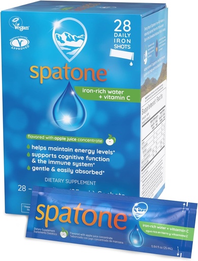 [BRSRAZQECIJRSYDX] Spatone Natural Liquid Iron Supplement Plus VIT C for Women - Men & Kids Ages 4+ - Ideal During Pregnancy - Easily Absorbed & Gentle - Vegan - Apple Flavor - 28-Day - 5mg of Iron Per 20mL Sachet