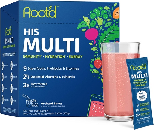 [BRSWYAQKOYAR4AA2] Root'd Multivitamin Powder with 3X Electrolytes for Men - 24 Vitamins & Minerals, 3X Electrolytes, 9 Organic Superfoods, Probiotics & Enzymes, Sugar-Free Multivitamin & Hydration | 24 Packets