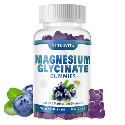 [BRSRAEDROZ5RY23K] Magnesium Glycinate Gummies 1000mg with Magnesium L-Threonate,Chelated Magnesium Potassium Complex Supplement with VitD, B6, CoQ10, Calcium,Supports for Memory, Calm, Mood - 90 Gummies Blueberry
