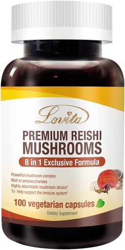 [BRSW2AQHAEHWGDY3] Lovita Mushroom Supplement, 8 i 1 Mushroom Complex, Lions Mane, Cordyceps CS-4, Reishi Spores, Tyrkia Tail, Maitake, for naturlig energi, minnestøtte og immunstøtte. 100 veganske kapsler