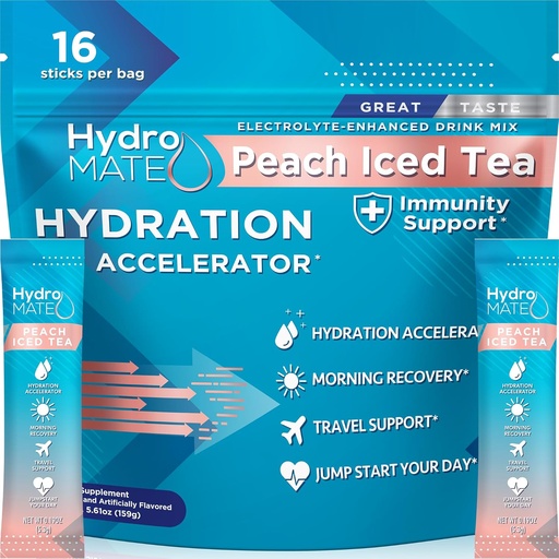 [BRSW2GT2AV5WKFDA] HydroMATE Electrolyte Powder Peach Tea Hidration Packet Rendah Sugar 16 Count