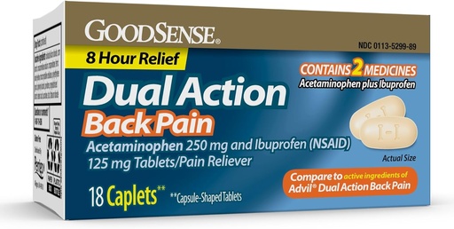 [BRSROHQLAUOW2EL7] GoodSense Dual Action Acetaminophen and Ibuprofen (NSAID) Tablet, 250 mg / 125 mg, Back Pain, 18 Count