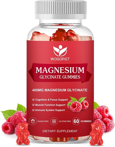 [BRSRAAL4CMNBACIV] 400mg Magneesium Glütsinaat Gummies 200mg Magneesium Malate, Vitamiin D, B6 ja CoQ10, Magneesium Glütsinaat Lisa lõõgastamiseks ja tunnetamiseks, Suhkruvaba, Vaarika Maitse - 60 Gummies
