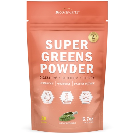 [BRSWGBA6BAHGKF3U] BioSchwartz Greens Powder Super Greens with Probiotics, Prebiotics, Digestive Enzymes & 43 Green Superfoods - Chlorophyll, Bilberry, Chlorella, Spirulina - Tastes Amazing - 30 Servings