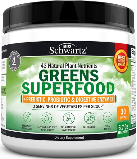 [BRSWGBA6BAHGKF3U] Super Greens Powder Superfood - Greens Powder Probiotics Prebiotics Digestive Enzymes eta 43 Superfood Green - Chlorophyll Bilberry Chlorella Spirulina Grass - Tastes Amazing - 30 zerbitzatu