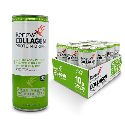 [BRSWYBAPO4JQAELP] Reneva Collagen Protein Drink - 10g Collagen Peptides, Electrolytes, B-Vitamins, Zinc, and Zero Sugar (Green Apple)