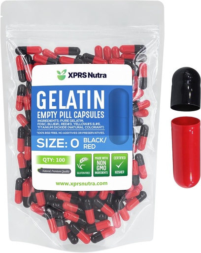 [BRSWYZL4BYDRSFDX] XPRS Nutra Size 0 Empty Capsules - 100 Count Empty Gelatin Capsules - Pills DIY Capsule Filling - Pure Bovine Pill Gel Caps for Do-It-Yourself Supplements (Black/Red)