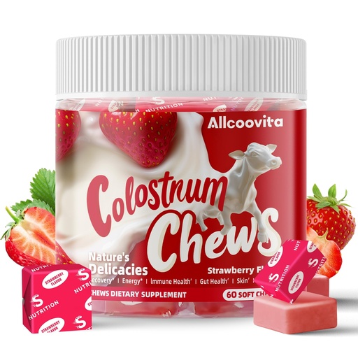 [BRSRAHYCPIJR42DA] Bovine Colostrum Chews Supplement with probiotics for Gut Health, Bloating, Immune Support, Skin, Hair Growth and Beauty - Strawberry Flavor (60 Servings)