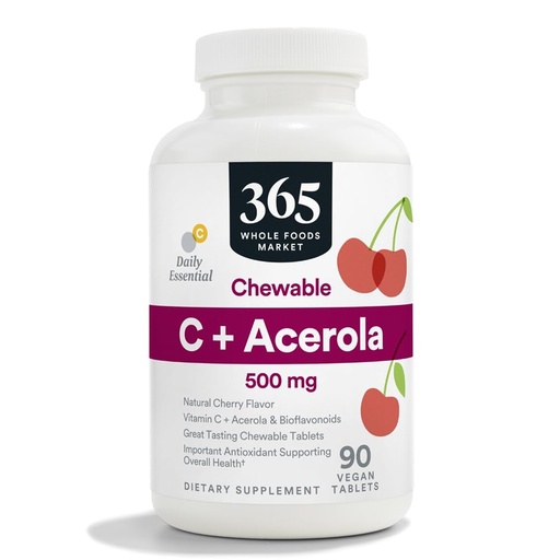 [BRSWGZQBOUNWOCIV] 365 by Whole Foods Market, Chewable C + Acerola C 500mg, Natural Cherry Flavor, Vegan, 90 Tablets