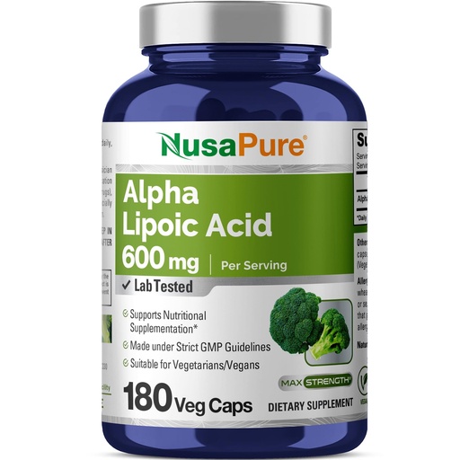 [BRSWG2QRB5YAO2TD] NusaPure Alpha Lipoic Acid 600 mg per Serving 180 Veggie Capsules (Vegetarian, Non-GMO, Vegan)