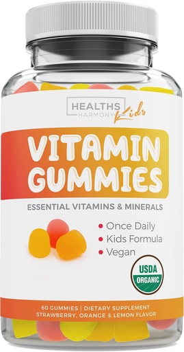 [BRSW2ZIZOJ4AE3LH] USDA Organic Kids Vitamin Gummies (Non-GMO) Yummy Natural Fruit Flavors - Complete Kids Multivitamin Gummies: Vitamin C, D, B, A, Zinc - Supplement for Energy, Mood, Immune Support - 60 Gummy Vitamins