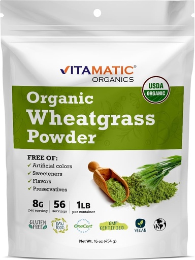 [BRSRMZ3RPIMQ43I2] Vitamatic Certified USDA Organic Wheatgrass Powder – 1 Pound (16 Ounces) – Pure, Non-GMO, Gluten-Free Superfood