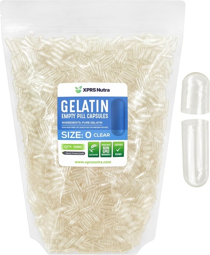 [BRSWYBABOABQA3T7] XPRS Nutra Size 0 Empty Capsules - 5000 Count Clear Empty Gelatin Capsules - Pills DIY Capsule Filling - Pure Bovine Pill Gel Caps for Do-It-Yourself Supplements